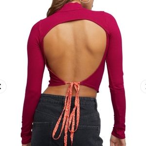 Free People Edge of Town Red Long Sleeve Open Back Cropped Top In Night Out XS